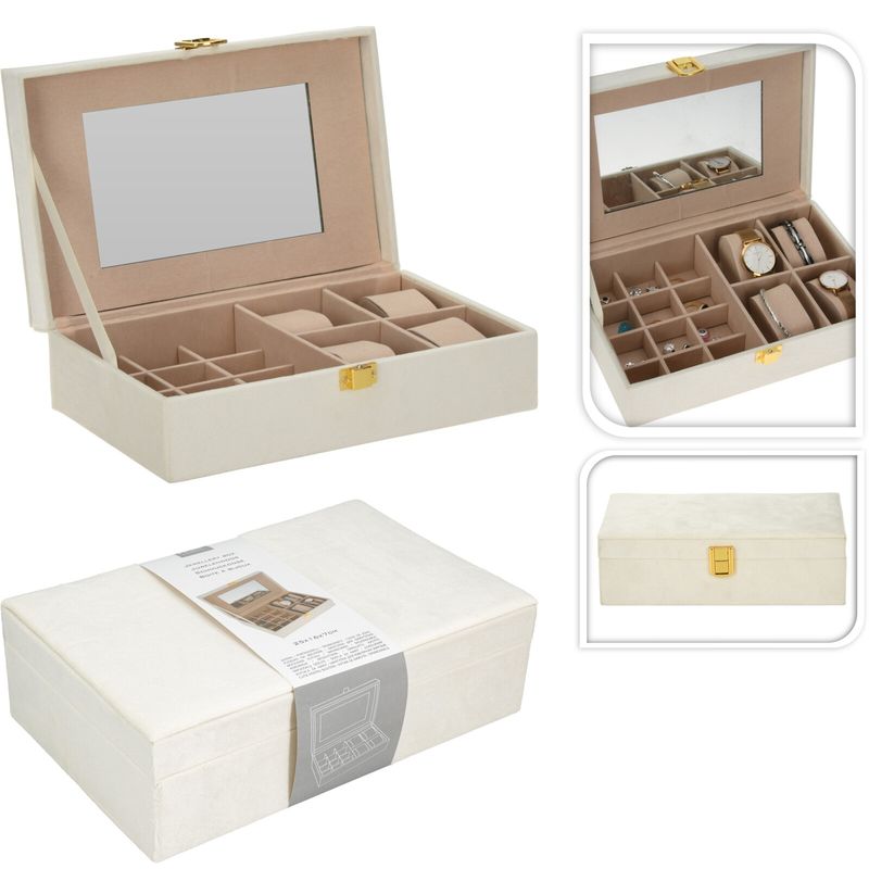 Jewelry Box Velvet 16 Compartments with Mirror | White | Elegant Storage