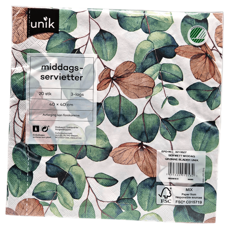 Napkins Green Leaves 20pk 3-ply | 40x40cm | Unique