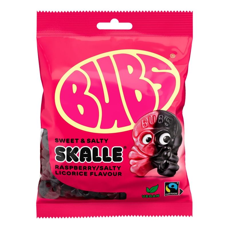 Bubs Raspberry Salty Licorice Skalle 16x90g | Storpakk