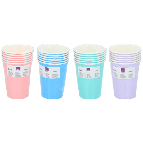Disposable cups cardboard 266ml pastel 6pk | 4assorted | Party and birthday