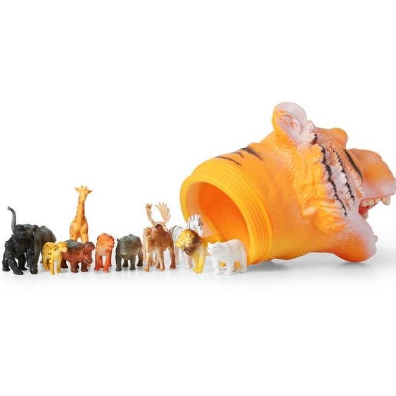 Tiger head toy tube with 12 animal figures