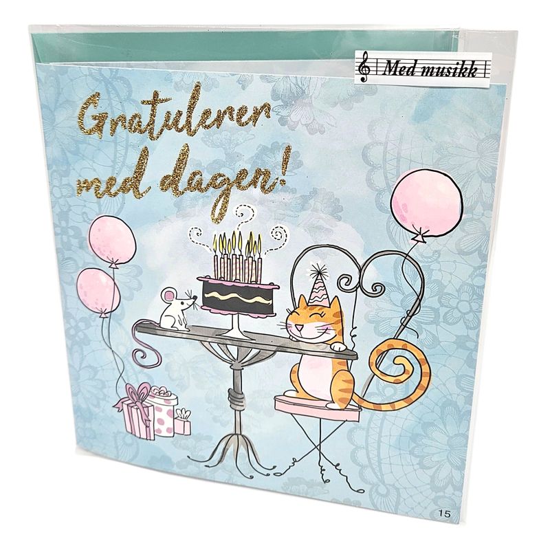 Bursdagskort med musikk | Katt og mus med glitter