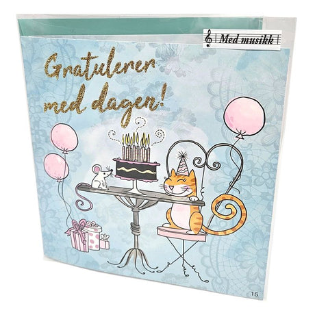Bursdagskort med musikk | Katt og mus med glitter