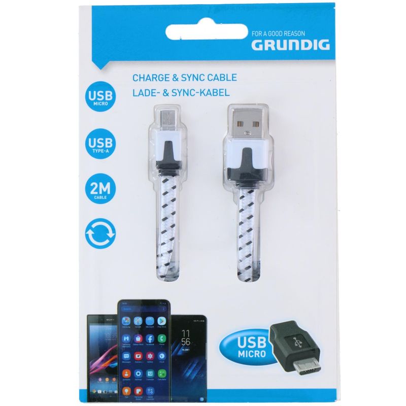 Grundig Micro USB Ladekabel 2m | Hvit Nylon